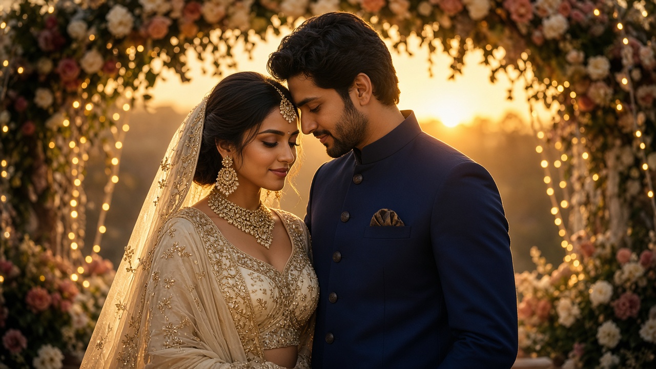 Wedding couple under warm lights, the kind of frame AI Studio Manager is built to deliver